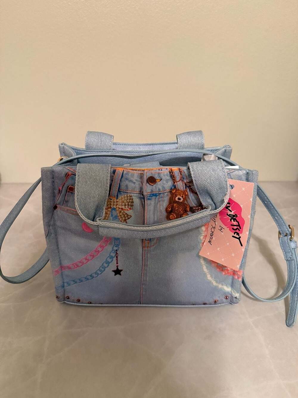 Luv Betsey by Betsey Johnson Denim Tote Bag with Charms and Crossbody Strap